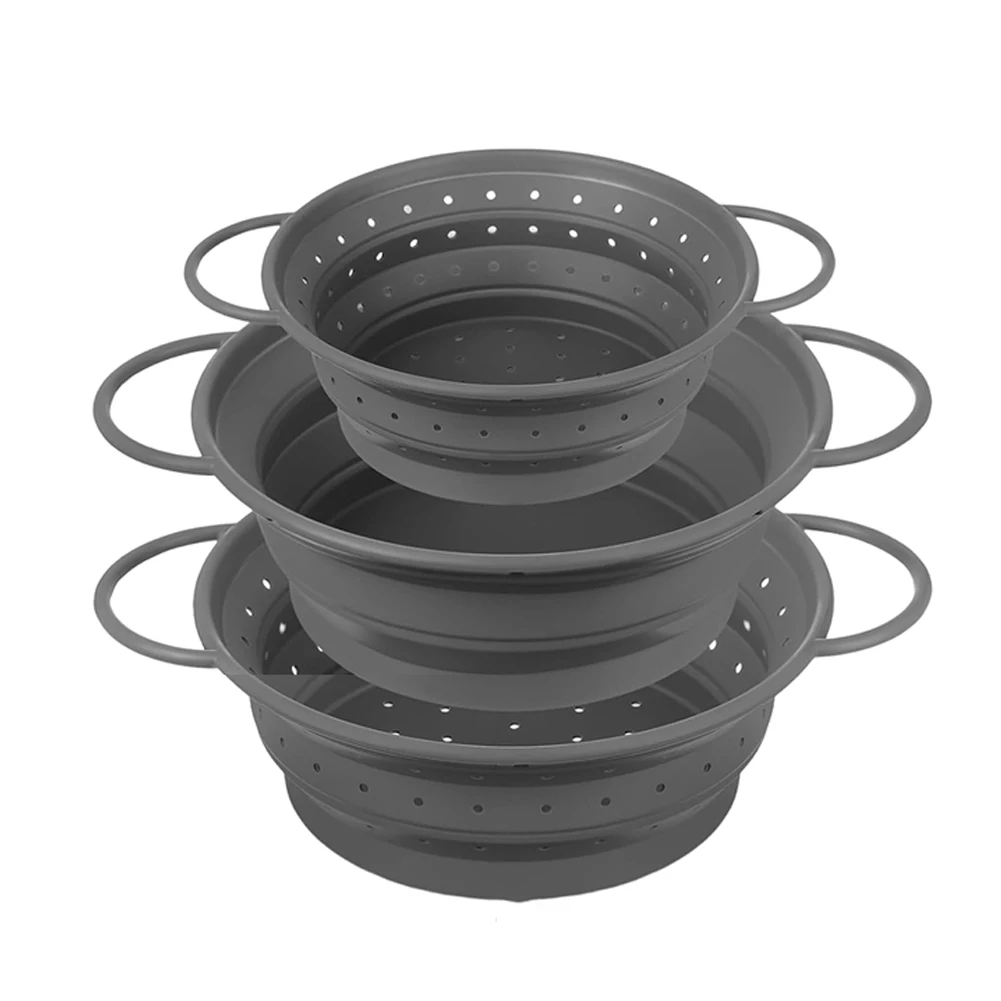 Kitchen Silicone Colander Set with Foldable Design and 304 Stainless Steel Rim for Safe and Efficient Food Drainage and Rinsing