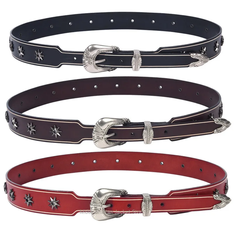 2026 New Original Design Punk Belt for Men, First Layer Cowhide Star Pattern, American Vintage Trendy Leather Waistband