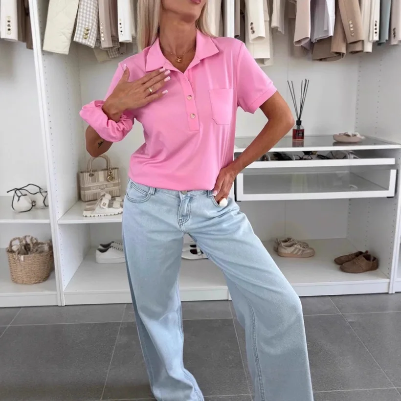 2025 New Women's Casual Polo T-Shirt Short Sleeve Pure Color Pocket Independent Station Cross-Border Elegant Commute Style