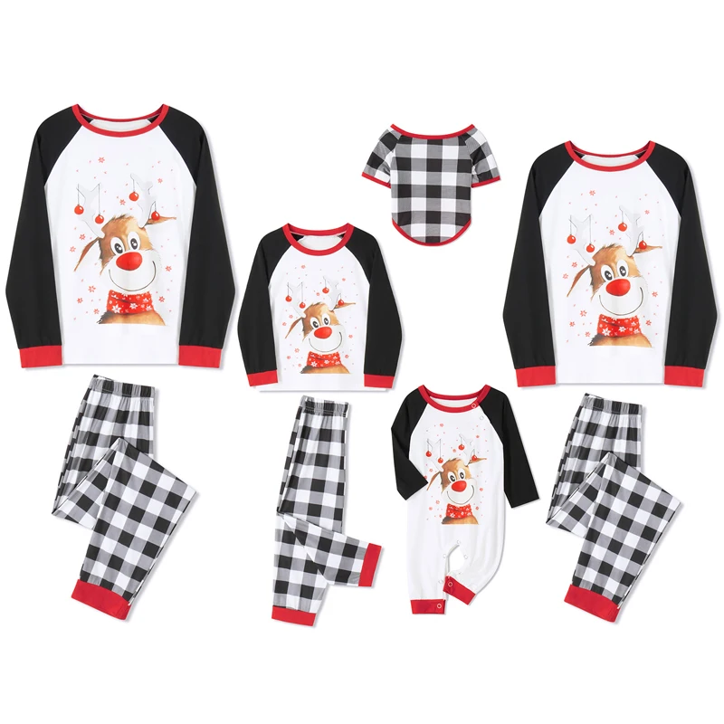 

Christmas Family Matching Pajamas Set Reindeer Print Long Sleeve Tops Plaid Print Pants Dog Clothes Baby Romper Included