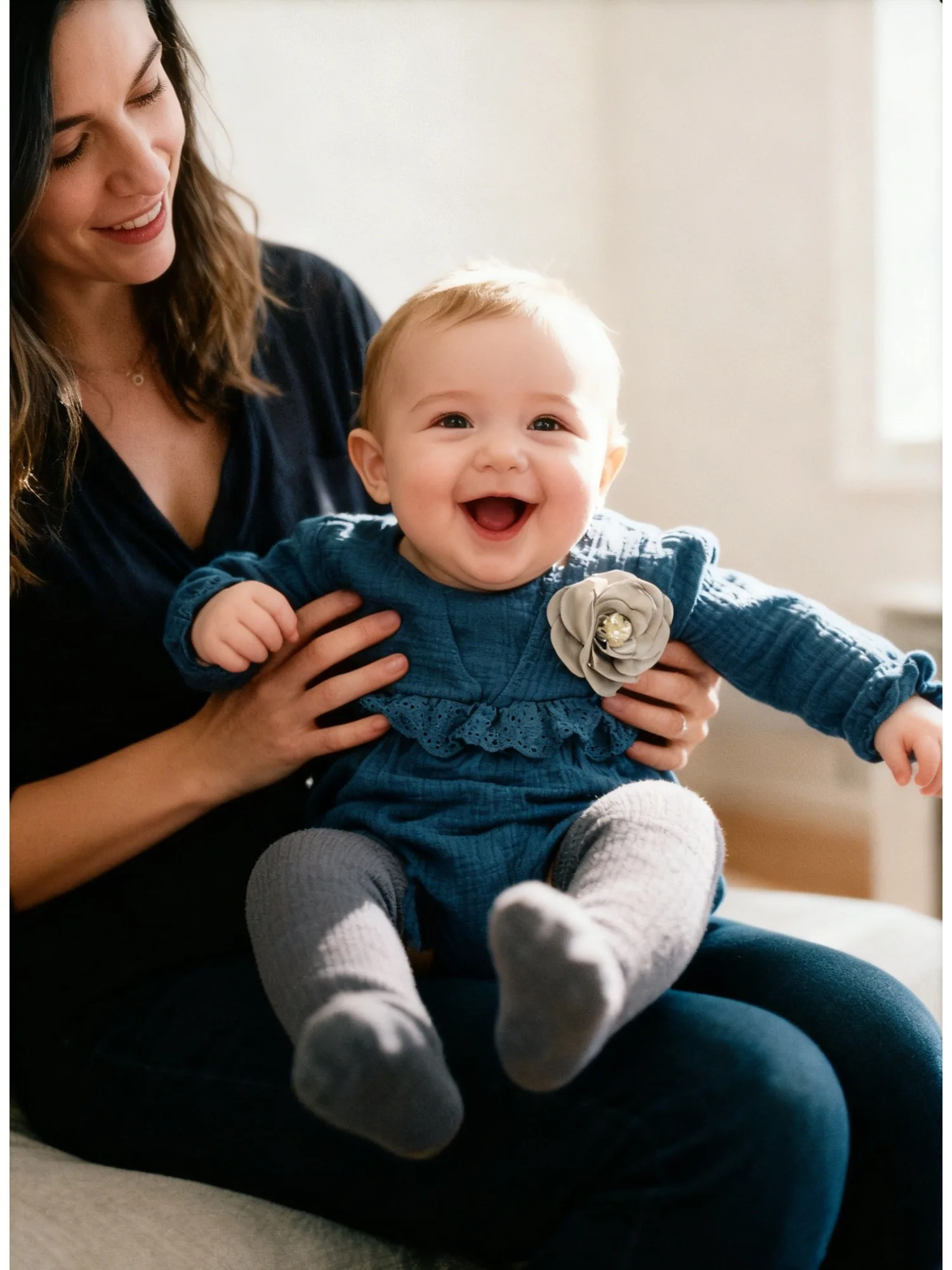 Baby Girl Navy Blue Romper & Tights Set - Lace + Flower Detail | Casual Dressy Outfit