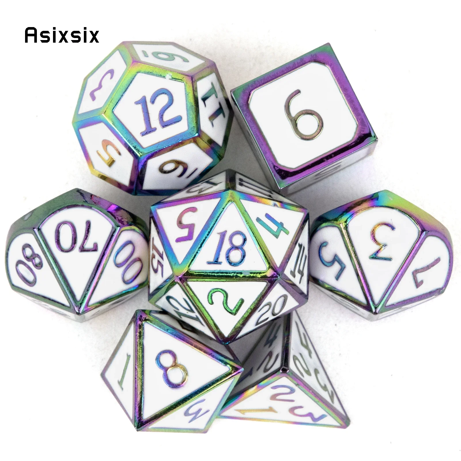 

7 Pcs White Colorful Standard Metal Dice Solid Metal Polyhedral Dice Set Suitable For Role-Playing RPG Gift Card Game