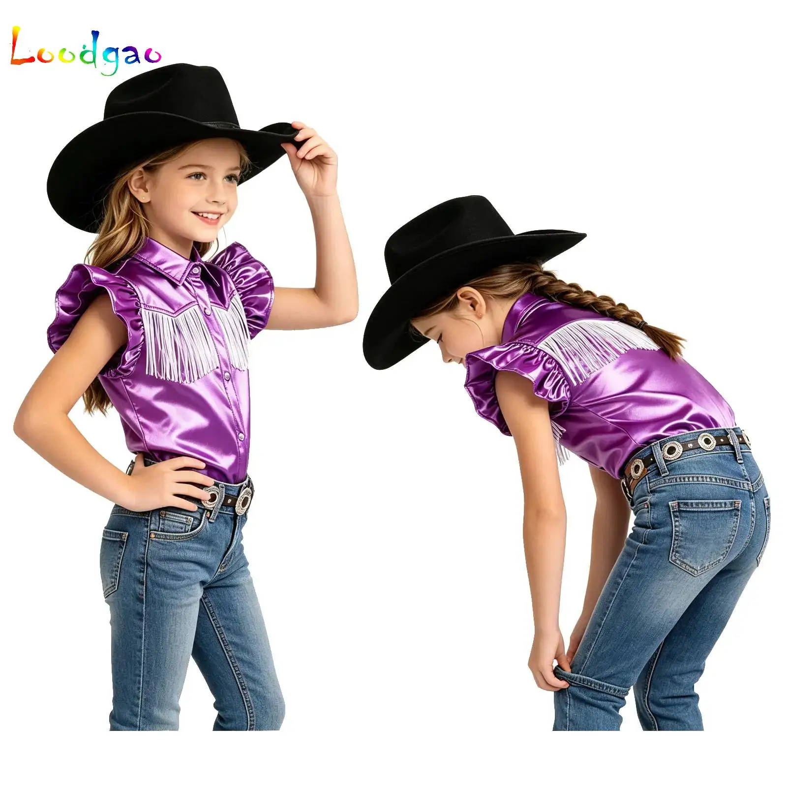 Boys Girls Tassel Shirt Metallic T-Shirt Top Ruffled Sleeve Loose Blouse Western Cowgirl Jazz Hip Hop Dance Costume Streetwear