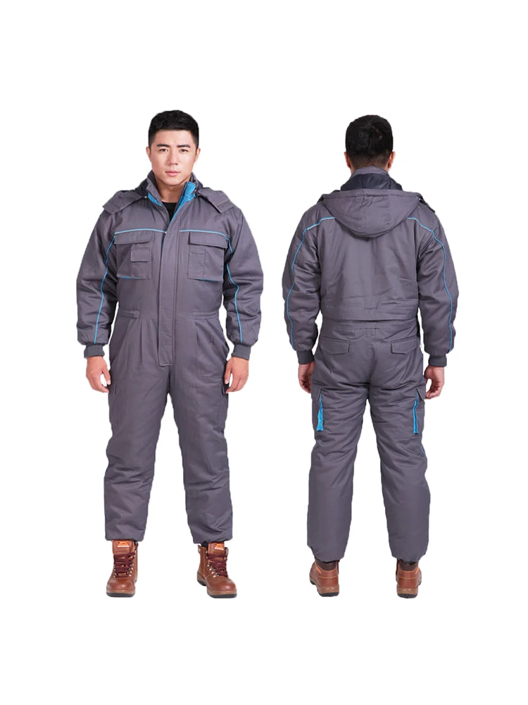 7334 Unisex Grey Winter Cotton Warm Jumpsuit Safety Working Clothes with removable cap Work Uniform Workwear Security Protection