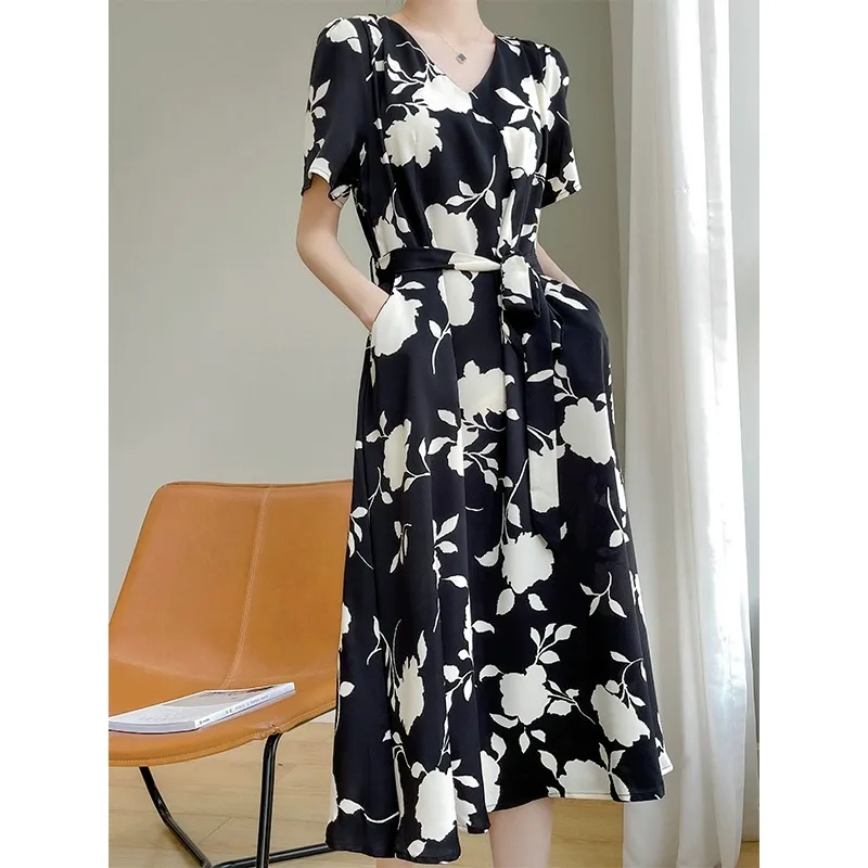 Ele Silk Floral Print Maxi Dr Women's ort Sve Waist-Cinching Korean Sle V-ne A-line Summer New Arrival