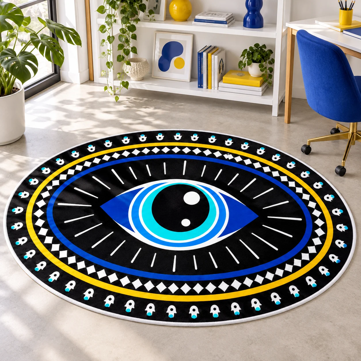 Blue Evil Eye Oval Shaped Area Rug, Boho Flannel Floor Mat for Bedroom, Living Room, Entryway and Mediterranean Home Decor