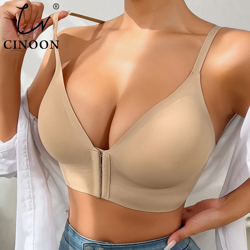 

CINOON Women's Front Closure Push Up Bra Detachable Chest Pads Adjustable Straps Brassiere Seamless Soft Invisible Underwear