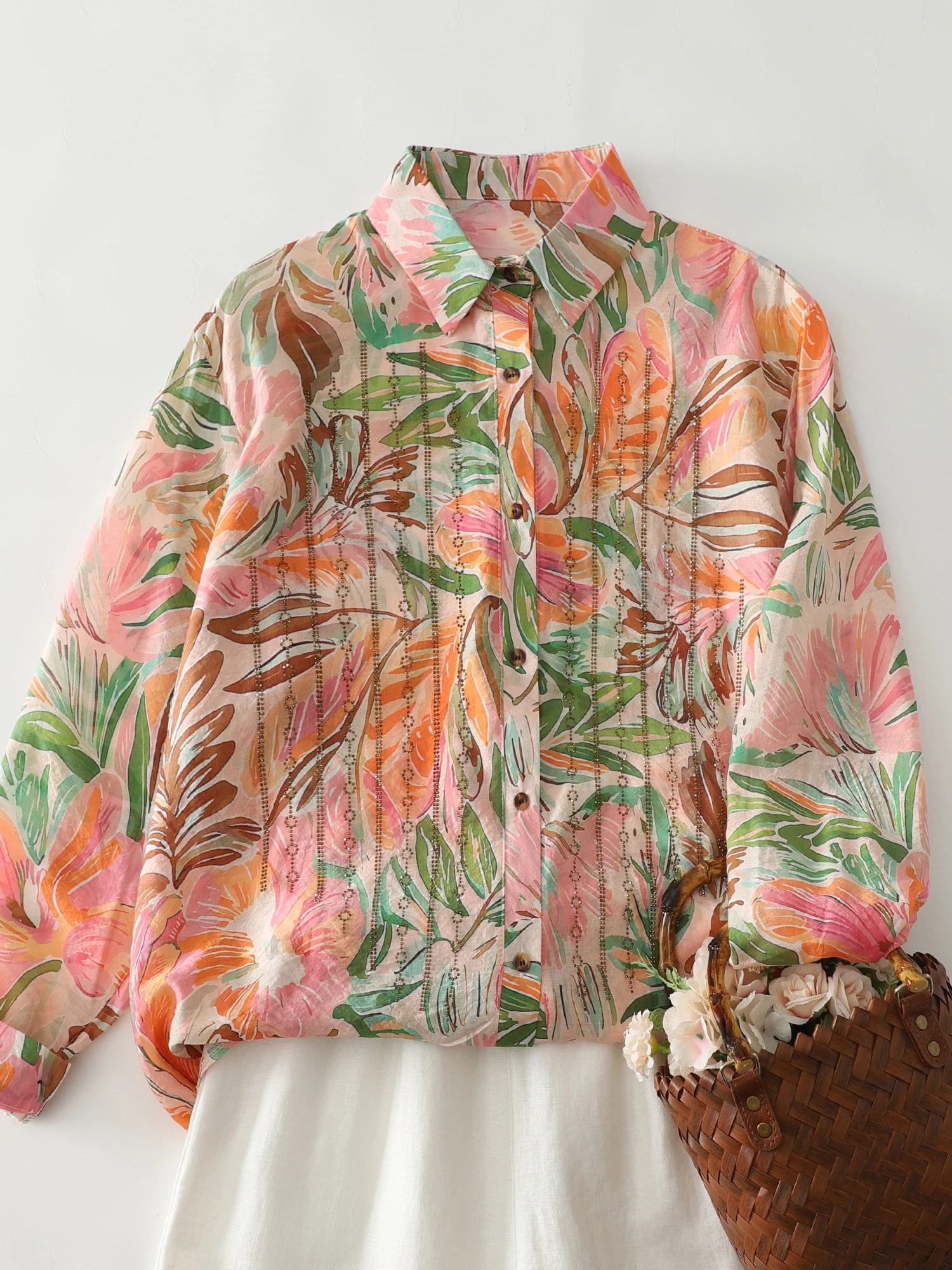 

Laid-ba Sle Long Sve Printed Casual irt Women's Spring 2026 Loose Versatile Slimming Open Cardigan Top Collar