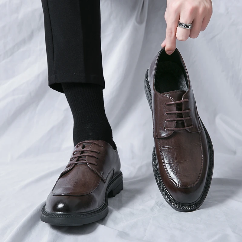 Men\'s Concise Oxford Checked Patent Leather Business Shoes Formal Dress Shoes Men Office Work Shoes Black Brown Plus Size 38-46