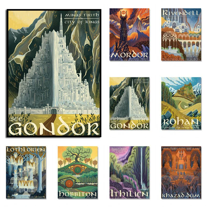 

Nature Travel Middle Earth Landscape Canvas Printings Vintage Wall Art Posters Nordic Old-fashioned Painting Home Decor Pictures