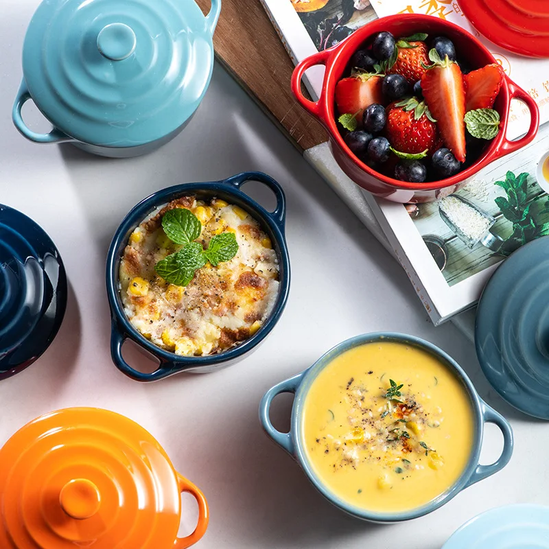 Borscht Bowl Luxury Ceramic Small Baking Bowl with Lid Double-ear Stew Pot Home Bird's Nest Steamed Egg Special Stew Soup  Bowl