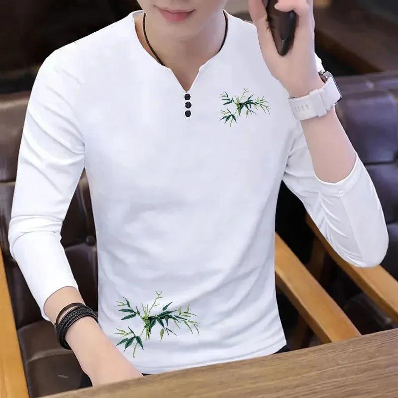 New Korean T-Shirt Men Clothing Spring Autumn Long-Sleeved Tops Sweatshirt Harajuku V-Neck Casual Tees Camisetas