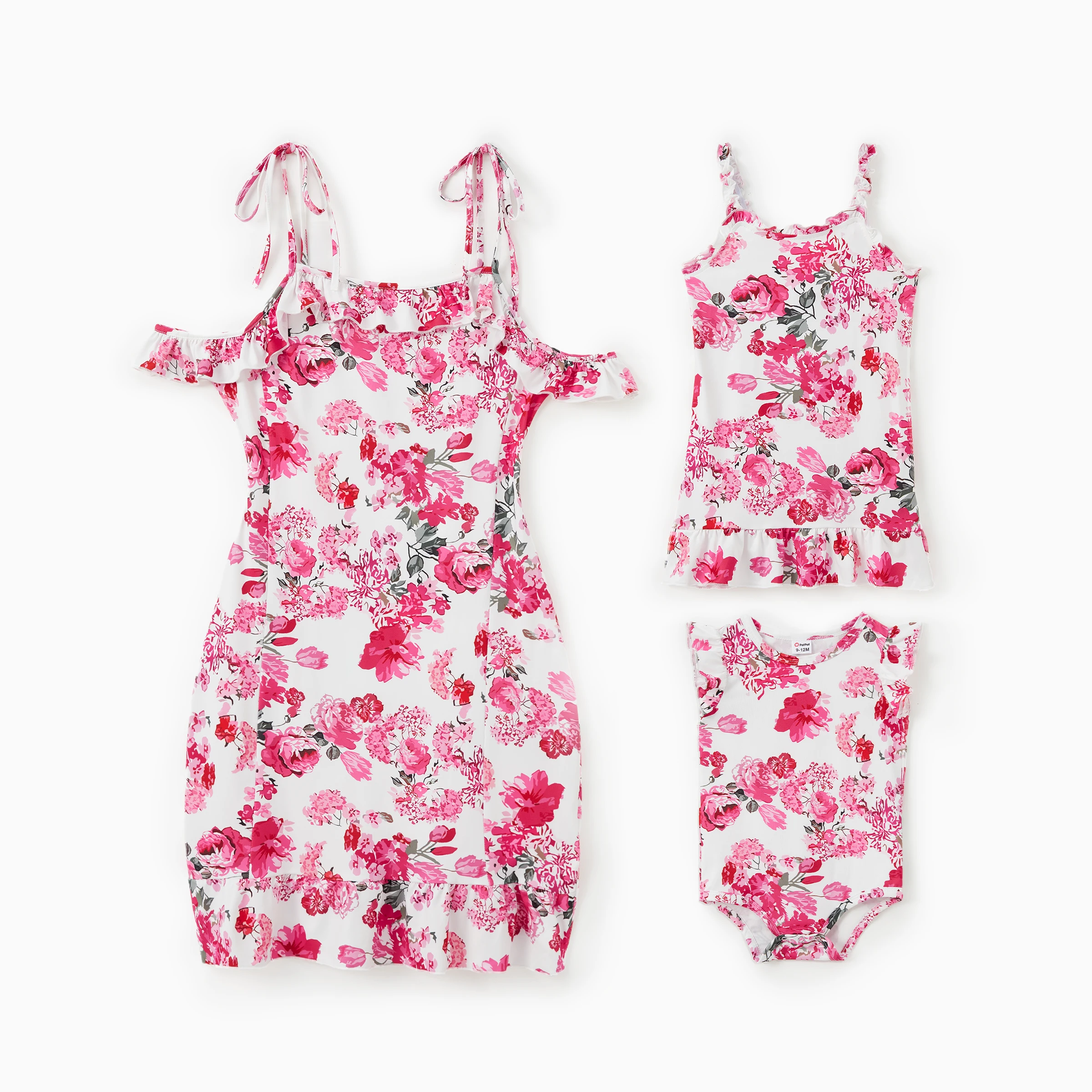 

PatPat Family Matching Pink Floral Open Shoulder Ruffle Trim Body-con Strap Dresses