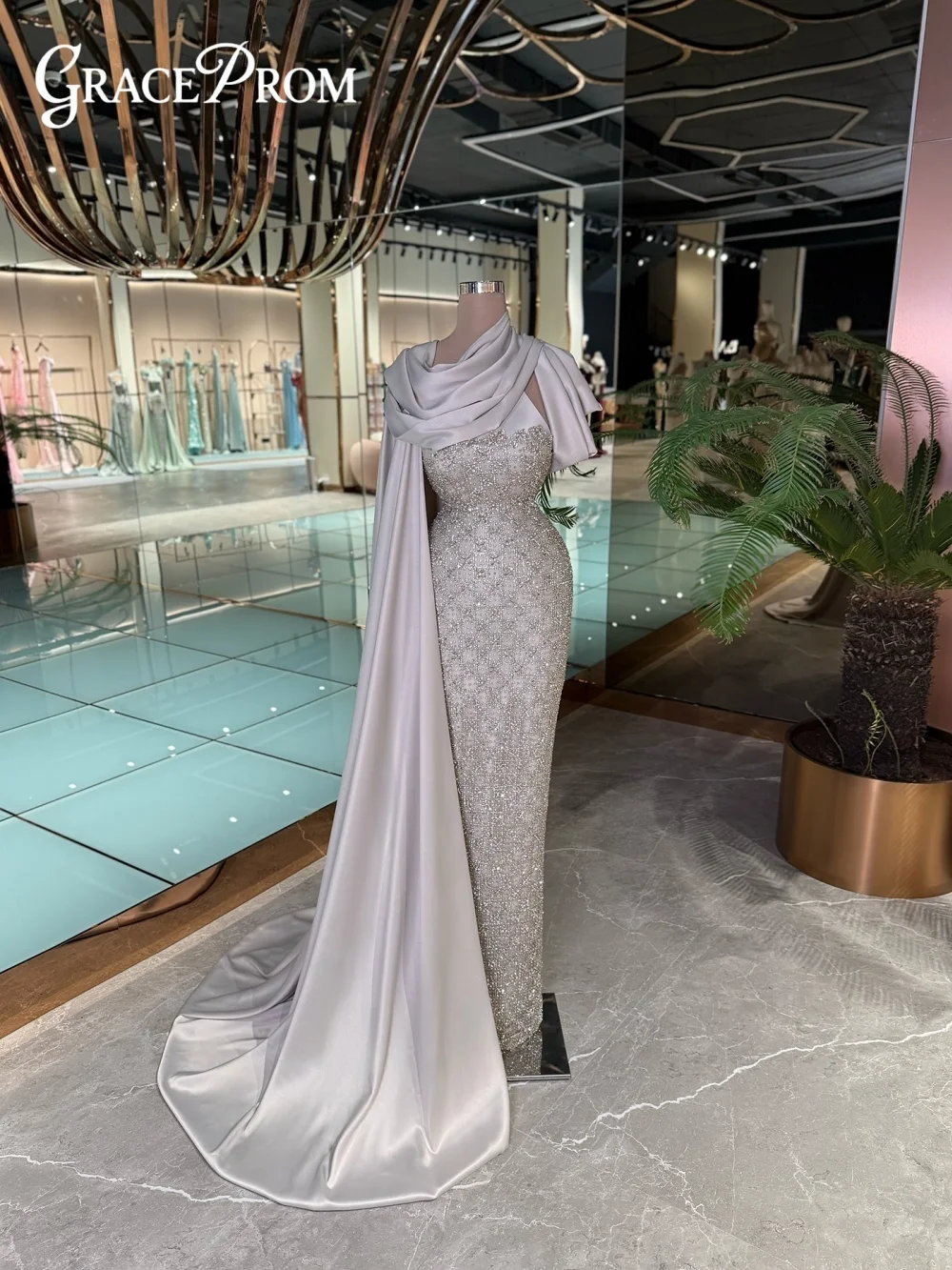 فستان سهرة ساحر مزين بالترتر، فستان سهرة كريستالي رائع على شكل حرف A، فستان كلاسيكي بدون أكمام بطول الأرض #1