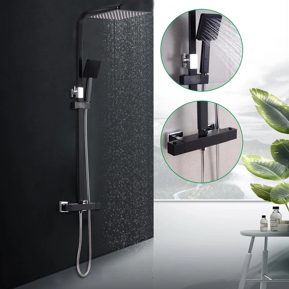 Immagine 6: Set Doccia Termostatico Nero con Miscelatore, Soffione e Doccetta, per Bagno