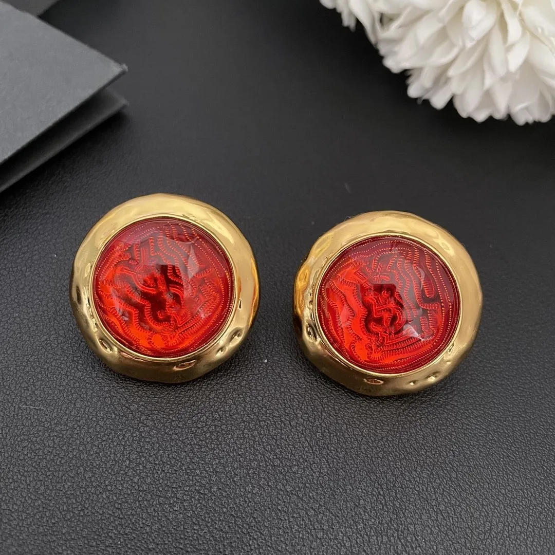 French New Vintage Red Jelly Round Fashion Ear Clip Women's Elegance and High Quality Cold Style Jewelry Party