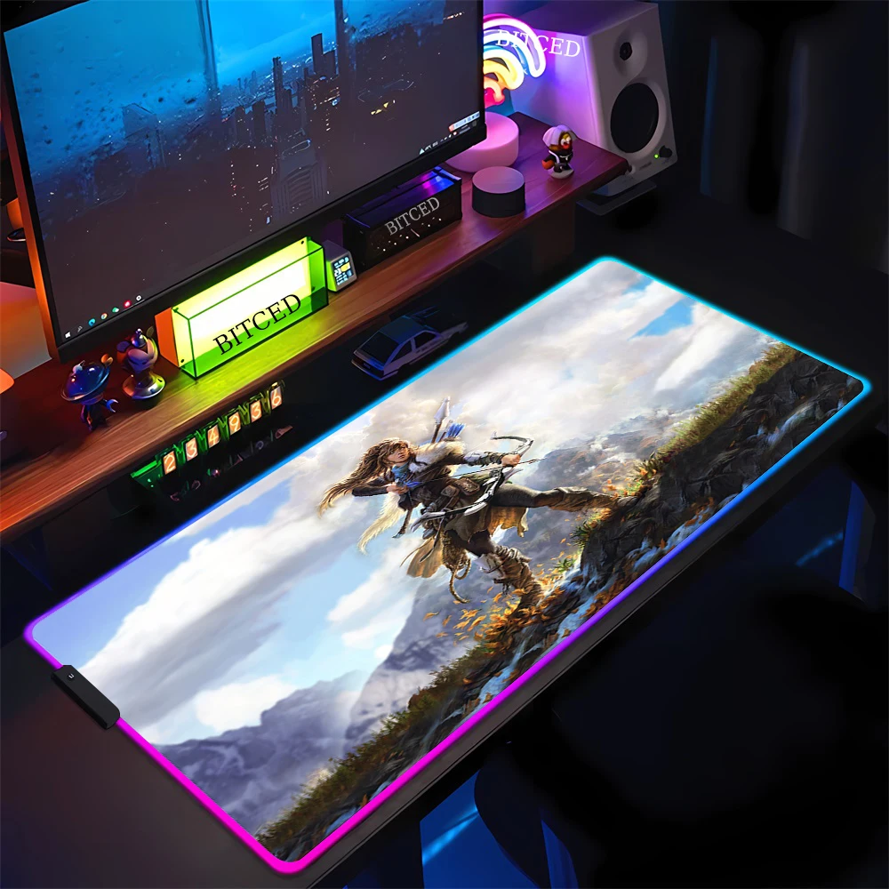 Alfombrilla electrónica para ratón de velocidad deportiva, alfombrilla para ratón Horizon Zero Dawn, alfombrilla para escritorio de oficina, alfombrilla para luminiscencia de ordenador con bloqueo RGB XXL para juegos