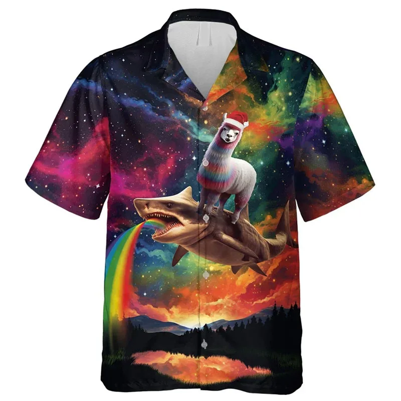 

Alpaca Graphic Hawaiian Shirt Men Funny Animal Galaxy 3D Print Blouse Summer Button T-Shirt Short Sleeve Aloha Shirts Lapel Tops