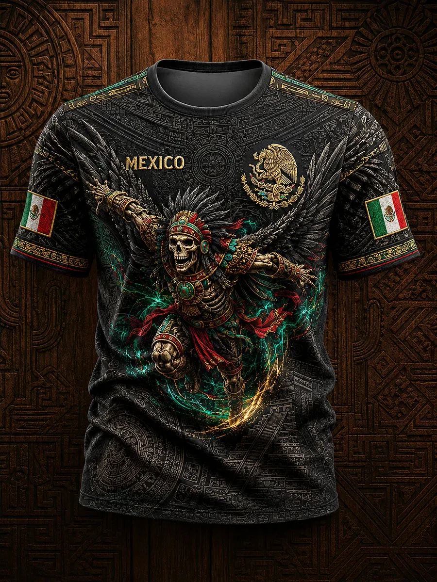 Mexikanischer Stil Azteken-Grafik Fußballtrikot T-Shirt für Männer und Frauen 3D-Druck Sport-Oberteil Kurzarm Lässige Outdoor-Sommerkleidung – Detail 4