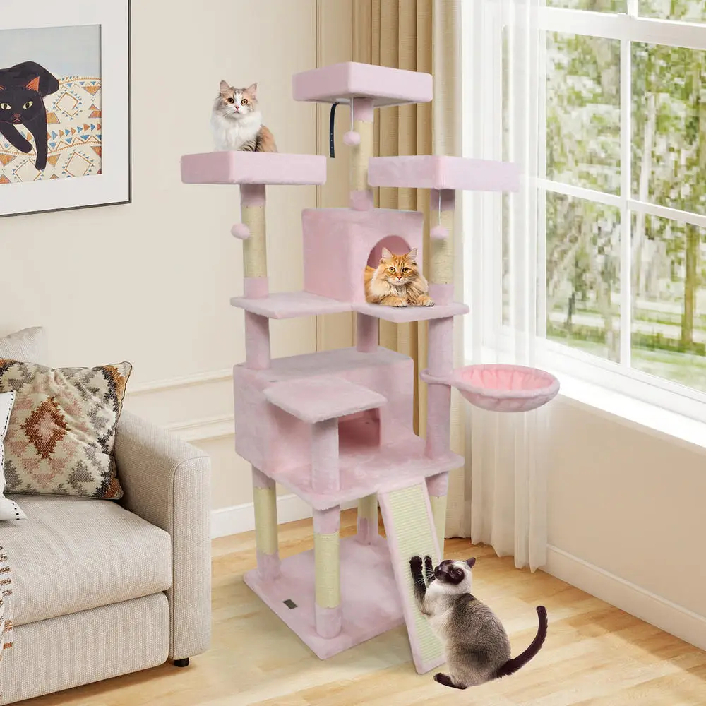 65 Inch Tall Multi-level Cat Tree With 3 Upholstered Perch And 2 Cat Condos-Pink