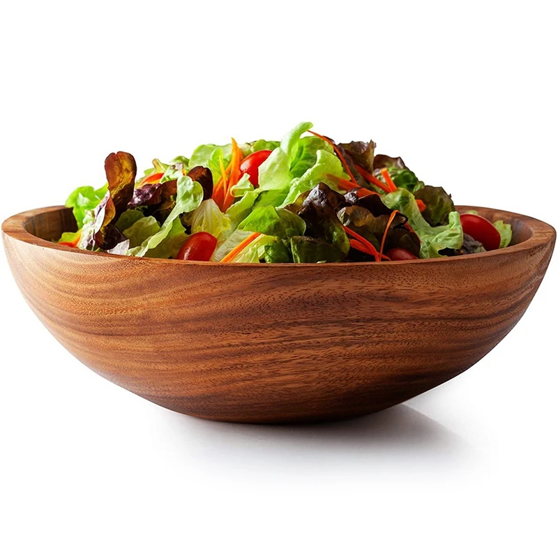 2X Natural Hand-Made Wooden Salad Bowl Classic Large Round Salad Soup Dining Bowl Plates Wood Kitchen Utensils