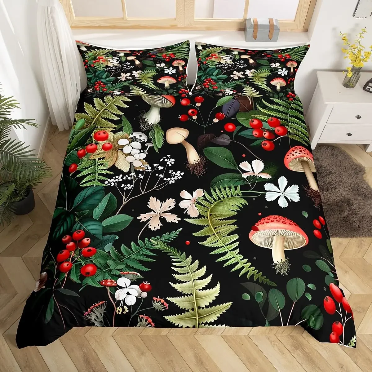 Cute Mushroom Bedding Set King Queen Size Botanical Comforter Cover  Wild Fungus Duvet Cover Colorful Plants Leaves Quilt Cover