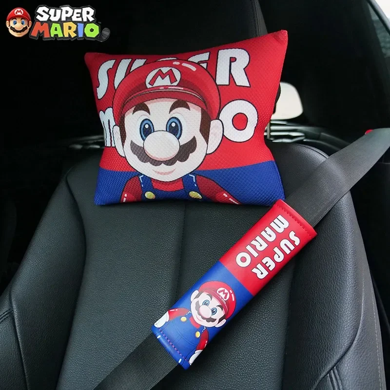 Super Mario Bros sabuk pengaman mobil, sabuk pengaman mobil kulit, pelindung kreativitas penutup bahu Model umum, dekorasi mobil Game