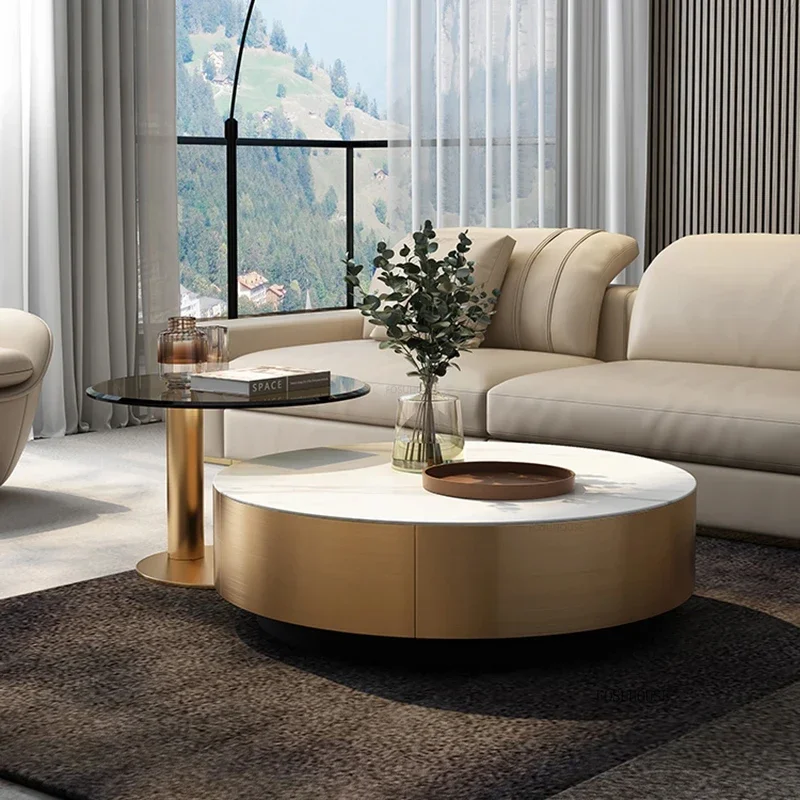 

Italian Bright Rock Board Coffee Tables Light Luxury Living Room Furniture European Home Side Table Round Glass Corner Table Set