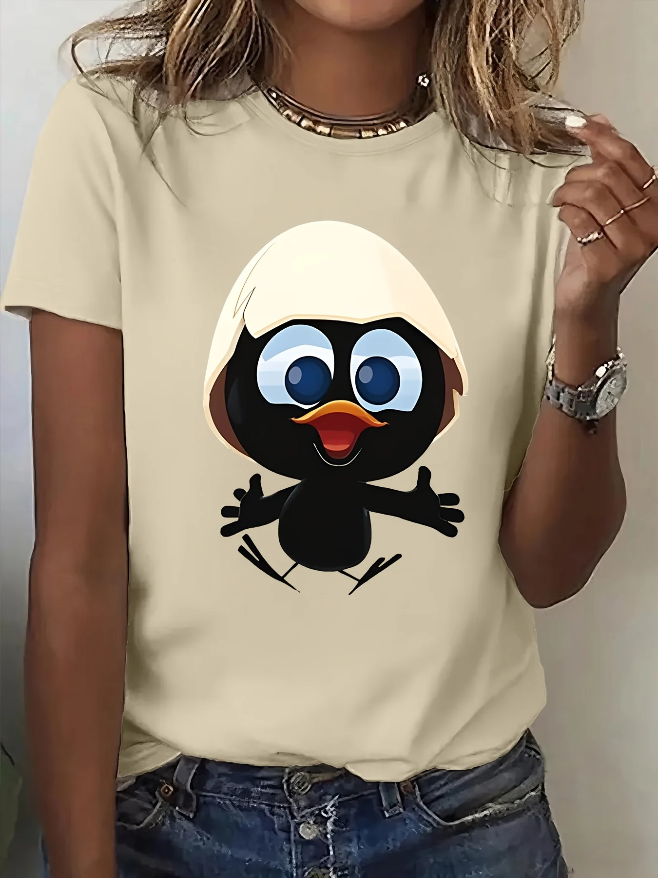 Cute Eggshell Duck Printed Women's T-shirt Breathable and Comfortable Soft Printed T-shirt Women's Fashion, Leisure and Vitality