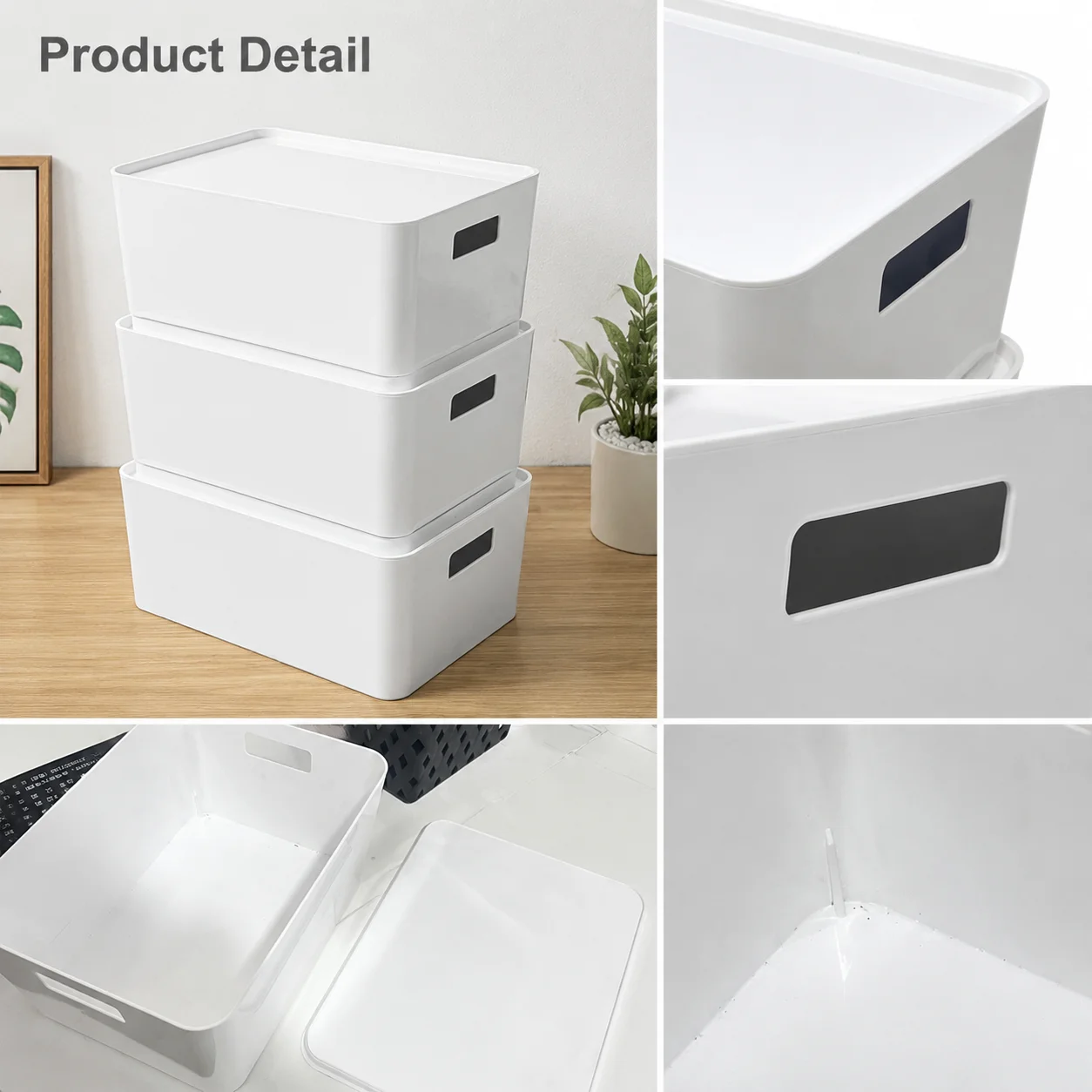 Stackable White Plastic Storage Bins with Removable Lids and Built-In Cutout Side Handles, Smooth Rounded Corner Dustproof Organizer Boxes for Bedroom Closets, Kitchen Cabinets and Bathroom Vanities