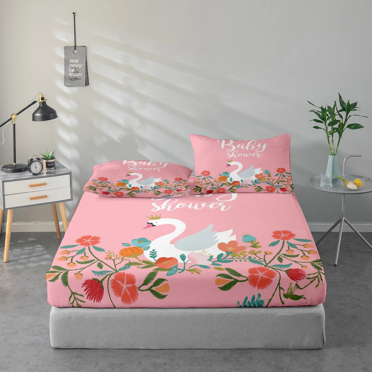 Swan-Patterned Fitted Sheet Set, Mattress Protector and Pillowcase Combination, High-Definition Printed Fitted Sheet Includes 1 Fitted Sheet + 1 or 2 Pillowcases (60*100cm and 72*132cm Are 1 Pillowcase, the Rest of the Sizes Are 2 Pillowcases). Suitable for Bedroom and Guest Room, Ultra-Soft Polyester Bedding, Machine Washable, Can Be Used in All Seasons