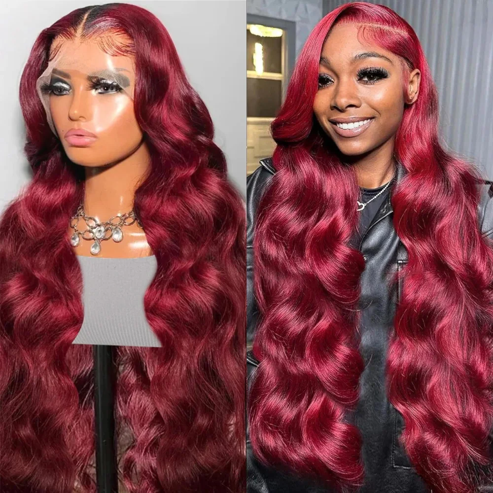200 الكثافة 36 بوصة HD موجة الجسم الشفاف 99J بورجوندي الدانتيل الجبهة الباروكات 13x6 HD الدانتيل أمامي الأحمر اللون الباروكات 100% الشعر البشري