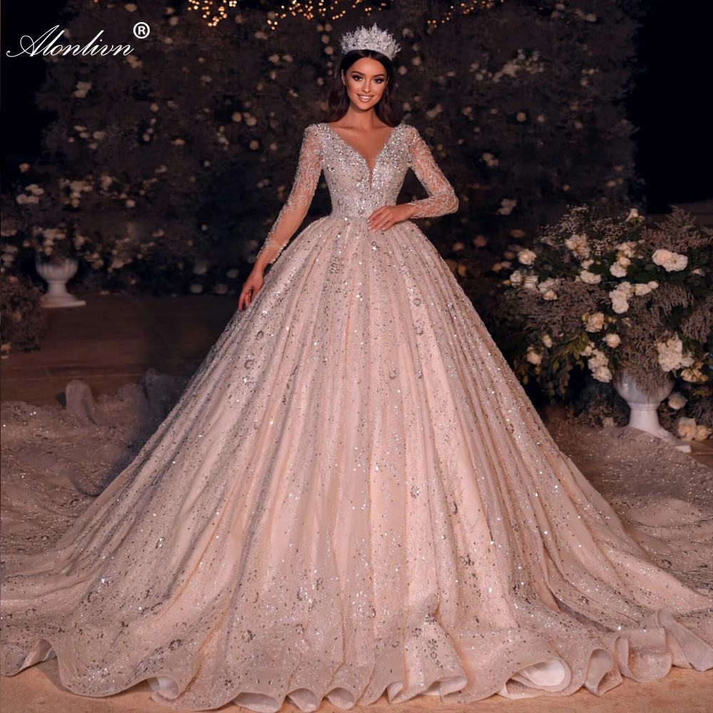 Alonlivn Exquisite Bling Embroidery Lace Wedding Dresses Full Sleeves Beading Crystals Sequined  V-Neck Vestido De Noiva