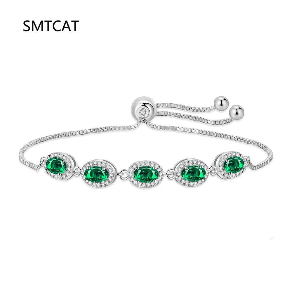 Oval Green Simulated Nano Emerald 925 Sterling Silver Bracelet Adjustable for Women Gemstone Statement Jewelry Pulseira de Prata