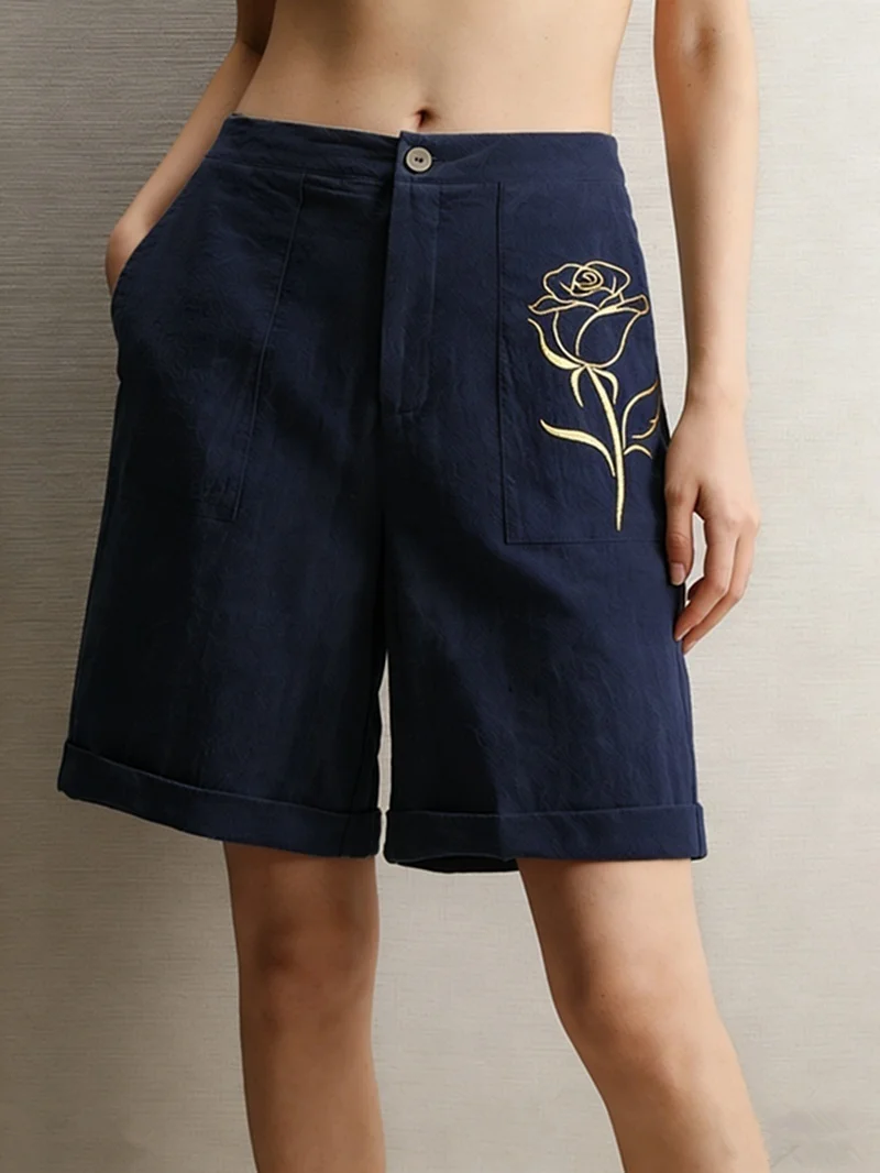High Waist Button Zipper Linen Shorts Women's Casual Loosely Style Summer Knee-length Fashion Street Style