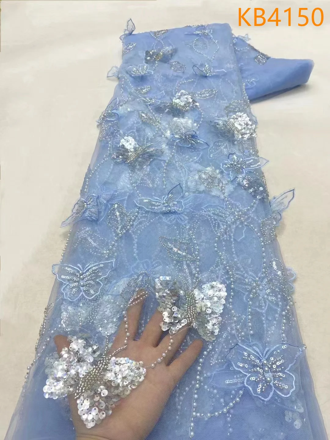 

3D Flora With Pearls Off White Color Embroidered Dubai New 2024 African Nigeria Sequence French Mesh For Wedding Sewing KB4150