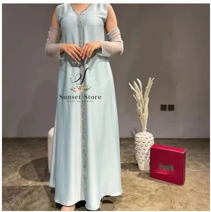 

Customized Straight Ankle Length V-Neck Detachable Sleeve Jersey Sleeveless Crystal Evening Dress Classic Photo Color Party Gown