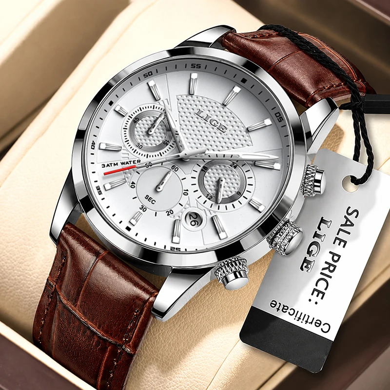 New LIGE Men Watch Fashion Business Brown Genuine Leather Watches for Men Sports Waterproof Date Quartz Wristwatch Reloj Hombre