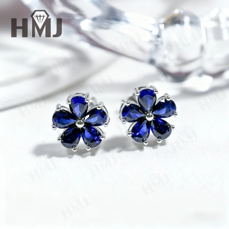 

Piercing Earrings Five-petal Ear Stud Ruby Sapphire Moissanite Water Drop Shape 925 Sterling Silver Birthday Christmas Gifts