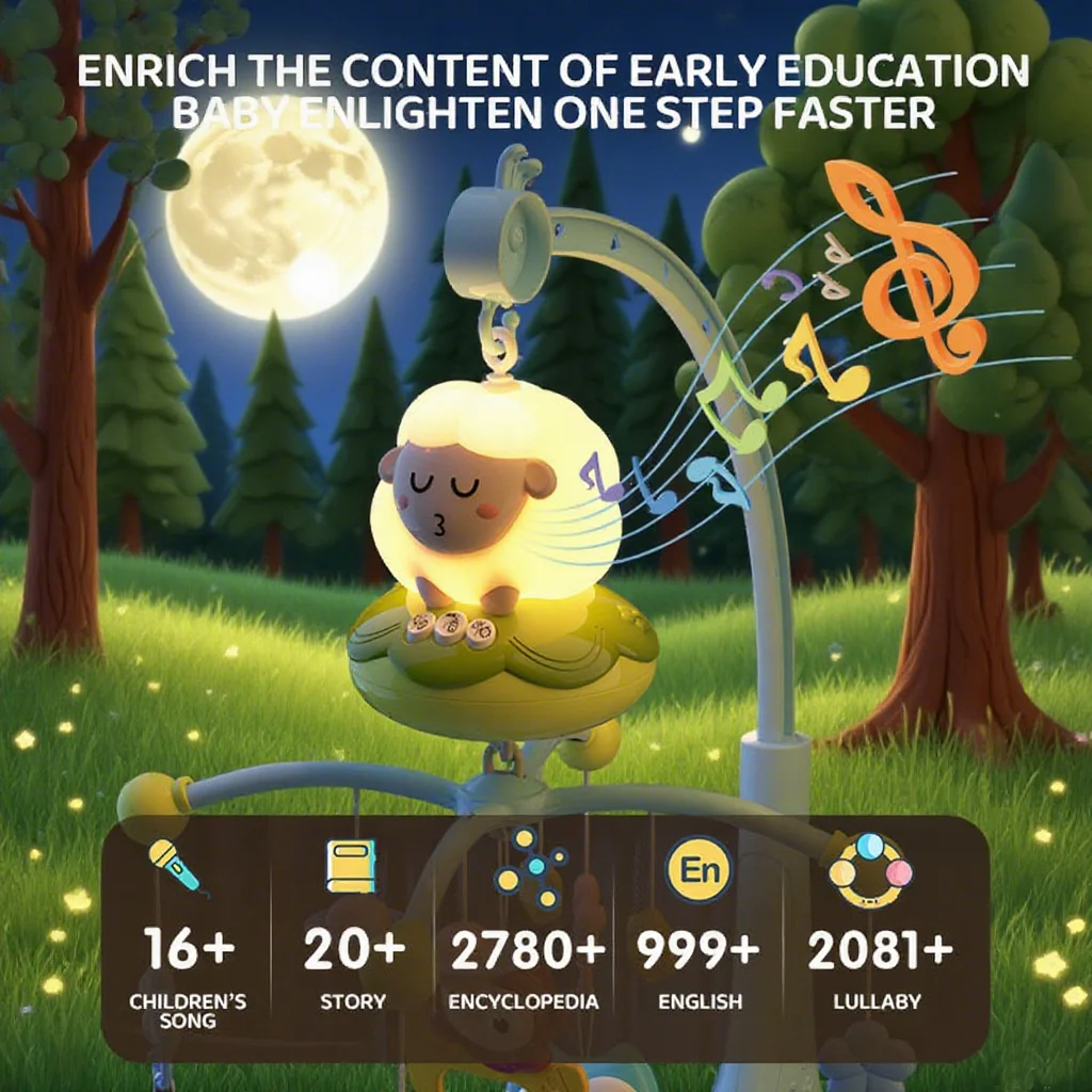 โมบายเด็กทรงแกะ พร้อมจี้รูปสัตว์การ์ตูนน่ารัก มีไฟและเสียงเพลง มีจำหน่ายในสีฟ้าและสีชมพู