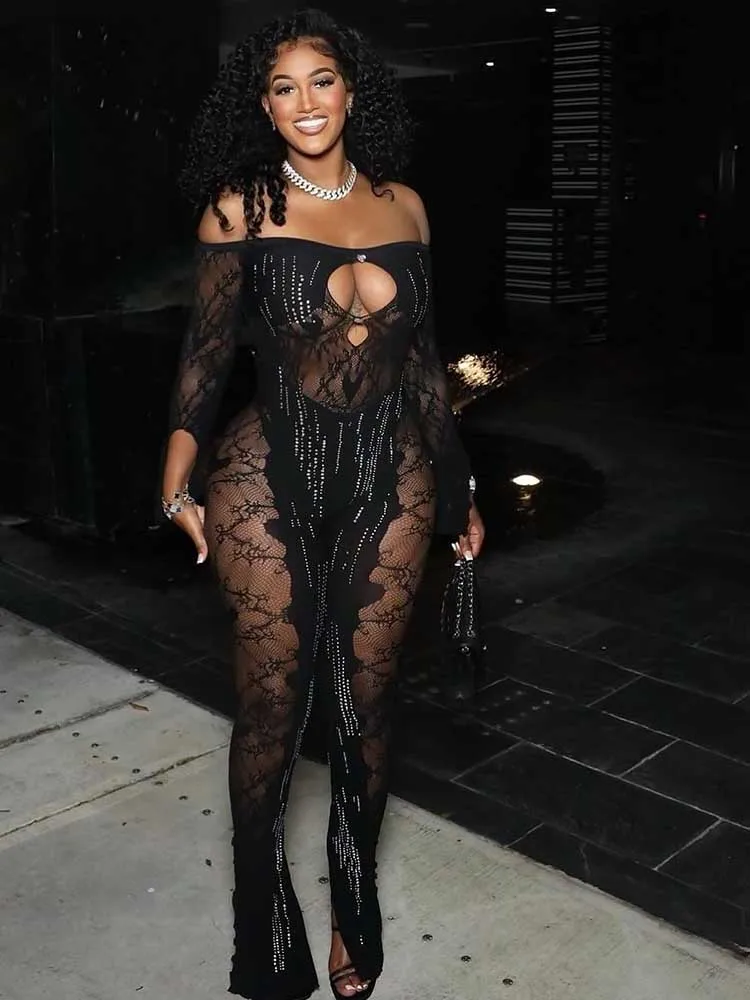 

Stitch Cut Out Jumpsuit Long Sleeve One Piece Sexy Jumpsuit for Women Off The Shoulder Crystal Diamond Black Pajamas Jumpsuit