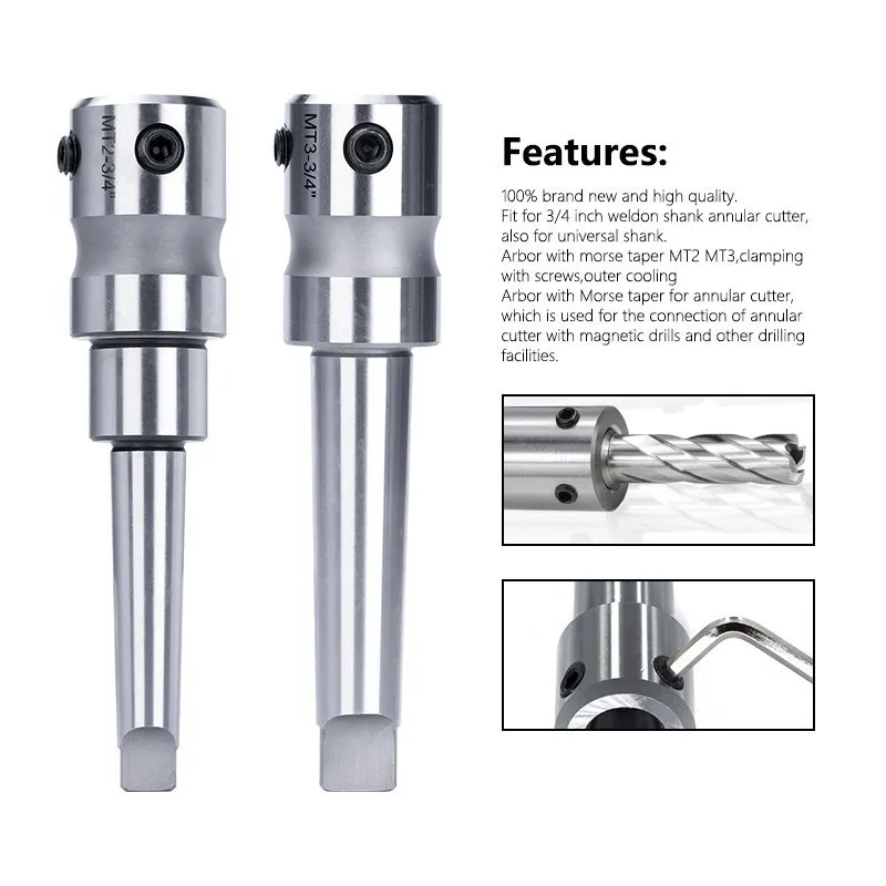 Adaptador de soporte de broca hueca para trabajo de Metal, cortador anular, Arbor, Morse, ajuste cónico, MT2, MT3, 3/4 pulgadas, 1 ud.