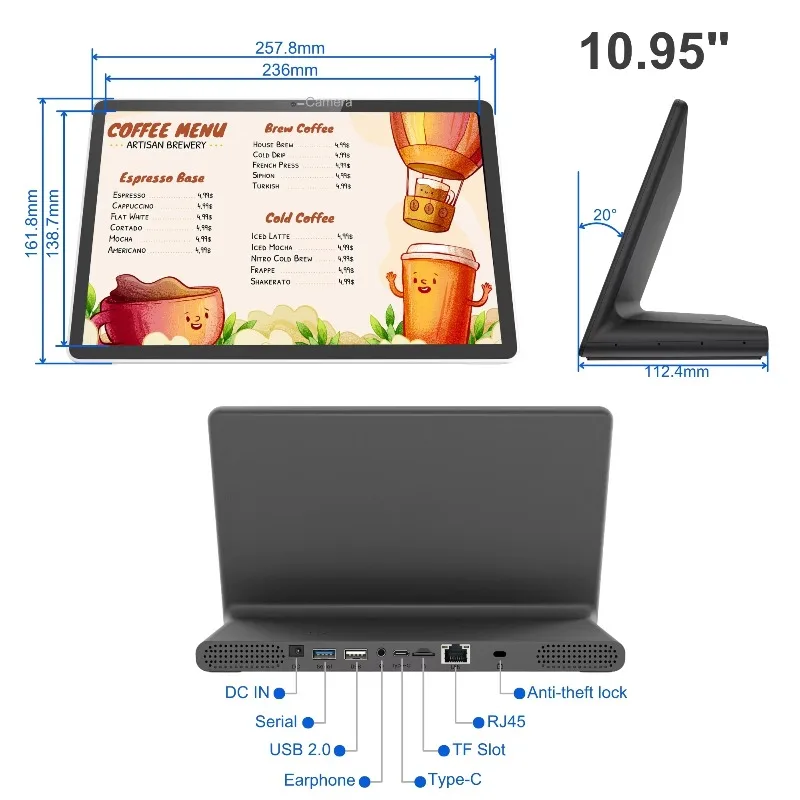 Fixed-mount signage display, PoE-powered, 11-inch L-shaped Android 14 desktop display