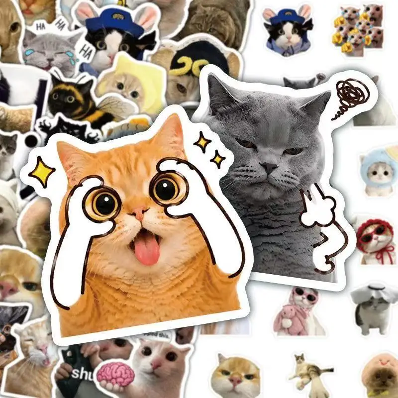 128/64Pcs Funny Cat Meme Stickers, Abstract Cute Kitten Meme Decals, DIY Phone Case Decorative Stickers