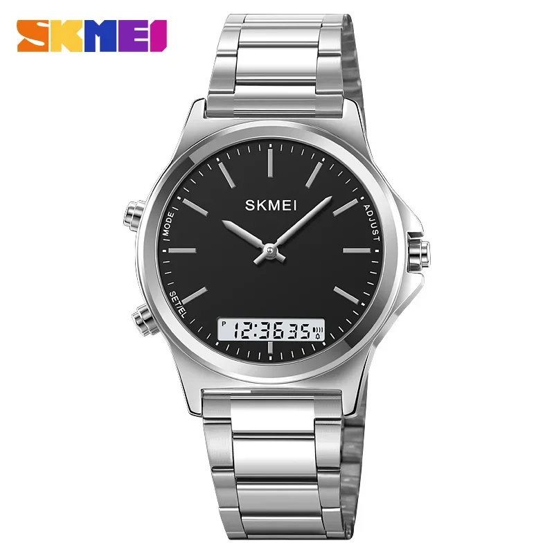 SKMEI 2120 Digital Quartz Watch for Men Waterproof Sport Dual Display Stainless Steel Mens Wristwatches Alarm Clock Reloj Hombre