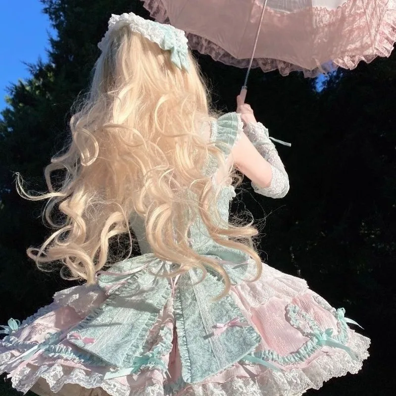 Vestidos de renda arco y2k jk original lolita jsk borboleta doce azul rosa em camadas plissado espartilho roupa princesa festa cosplay novo