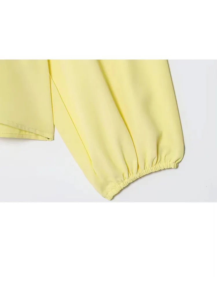 HH Vrouwen Herfst Casual Losse Blouses Geel Lantaarn Lange Mouwen Boog Lace-Up Decoratie Vrouwelijke Mode O-hals Shirts Trendy