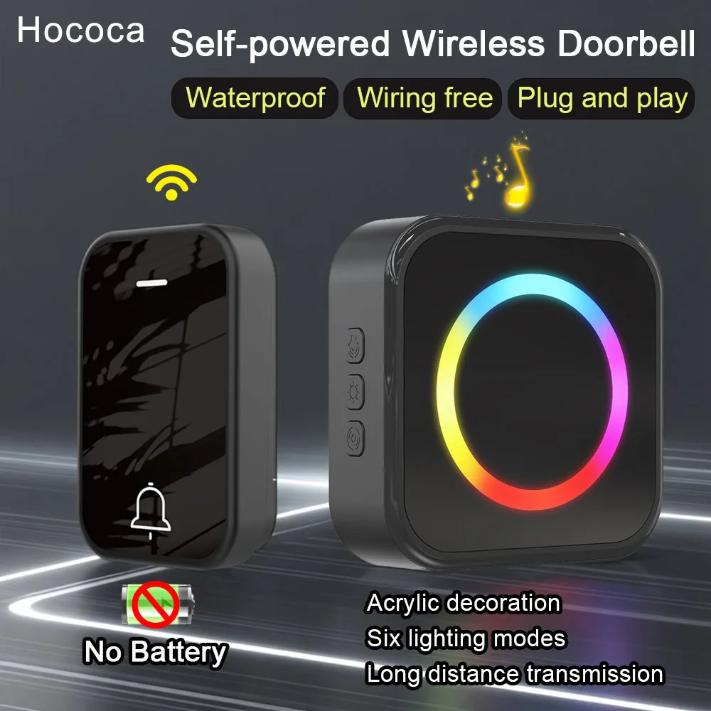 New Six Lighting Modes Self Powered Wireless Doorbell Battery Free Outdoor Waterproof Kinetic Energy Door Bell With High Volume