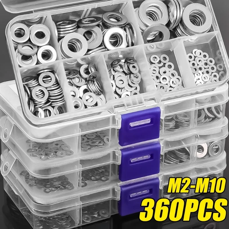 180/360PCS Stainless Steel Washer M2 M2.5 M3 M4 M5 M6 M8 M10 Metal Flat Washers Rings Plain Gaskets for Screw Assortment Kits