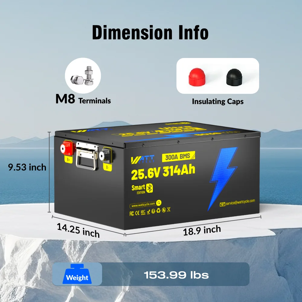 Wattcycle بطارية ليثيوم فوسفات الحديد 24 فولت 314Ah الترا بلوتوث 8038Wh ل RV/شاحنات/سيارة بجولة/ خارج الشبكة/تخزين المنزل